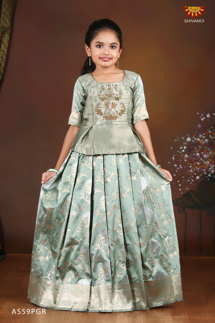 Green Silver Lotus Pattu pavadai For Kids !!!