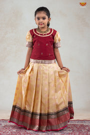 Girls Snow Drop Cream Pattu Pavadai Set | Lehenga