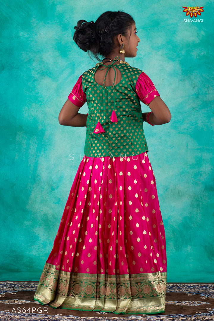 Pink Satin Rangoli Pattu Pavadai For girls