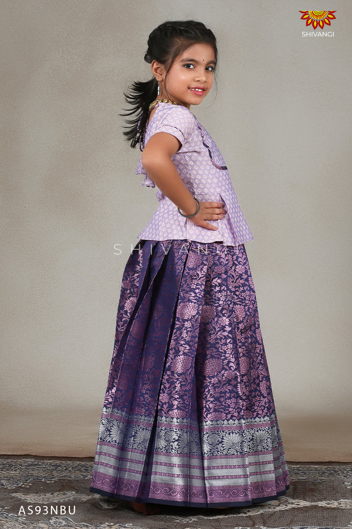 Navy Blue White Feather Pattu Pavadai For Kids !!!