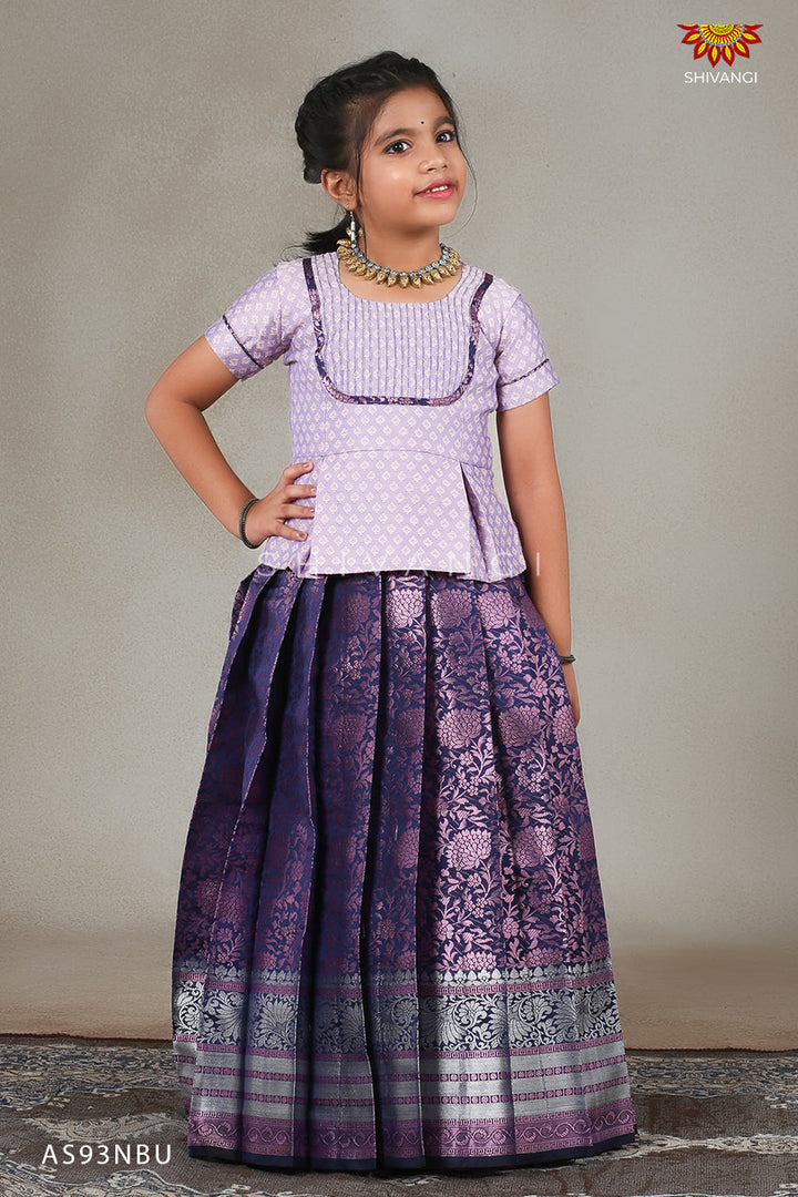 Navy Blue White Feather Pattu Pavadai For Kids !!!