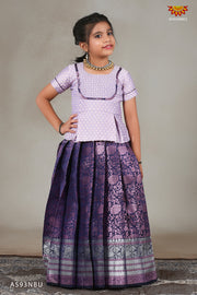 Navy Blue White Feather Pattu Pavadai For Kids !!!