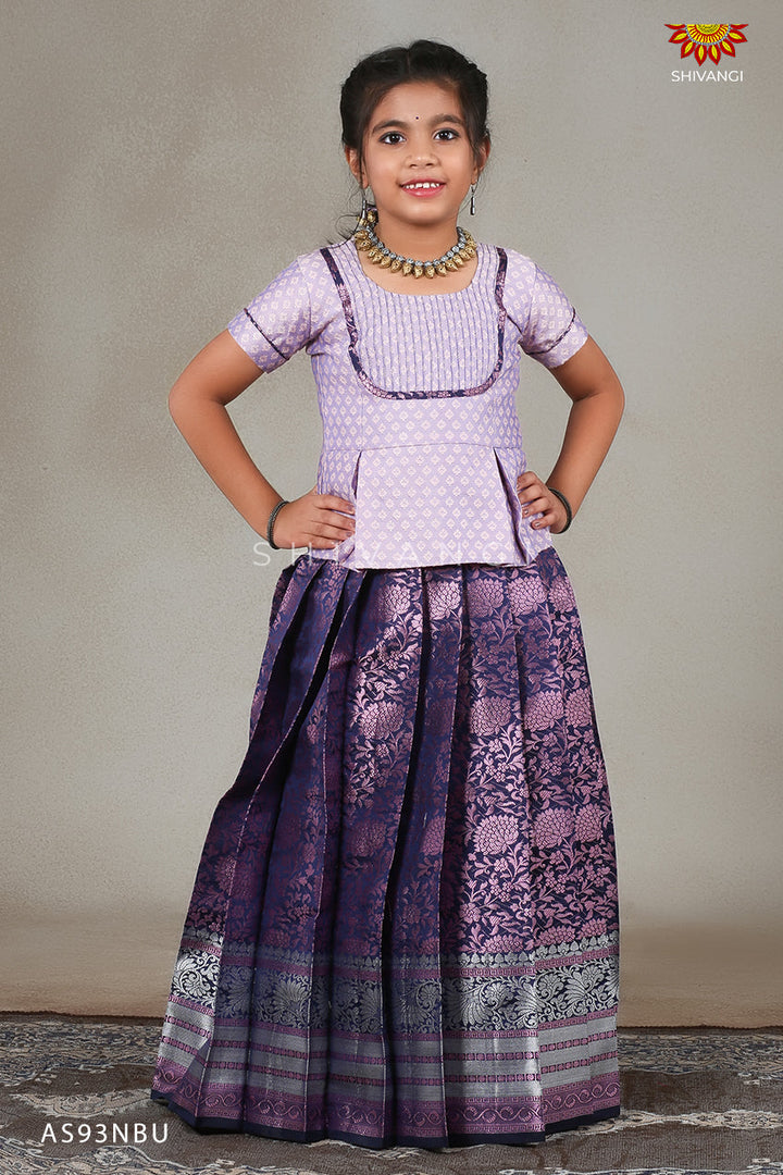Navy Blue White Feather Pattu Pavadai For Kids !!!