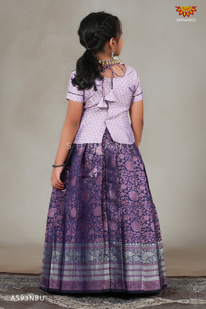 Navy Blue White Feather Pattu Pavadai For Kids !!!