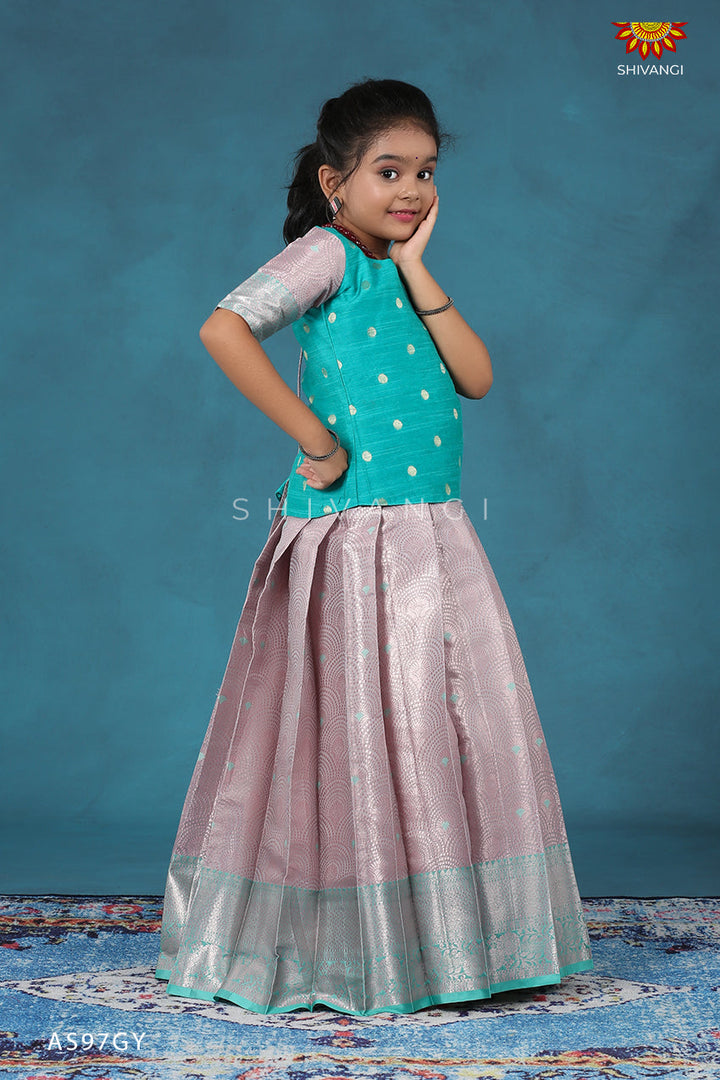 Grey Pastel Baby Feather Pavadai Set For Girls !!!