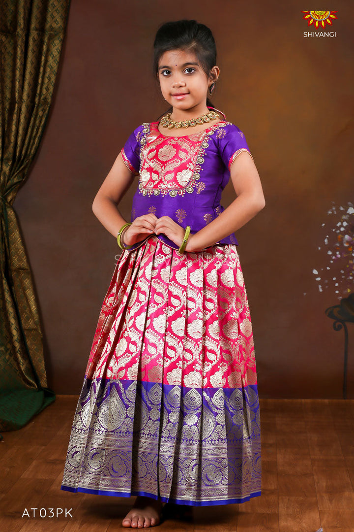 Pink Golden Diya Pattu Pavadai For Girls !!!