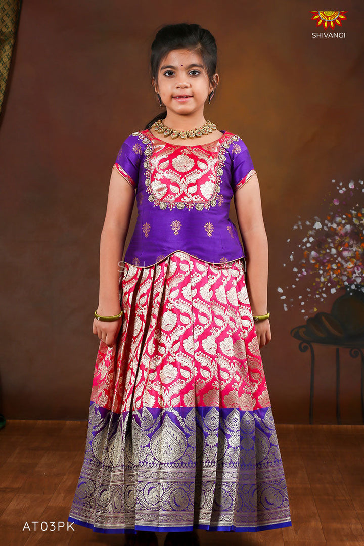 Pink Golden Diya Pattu Pavadai For Girls !!!