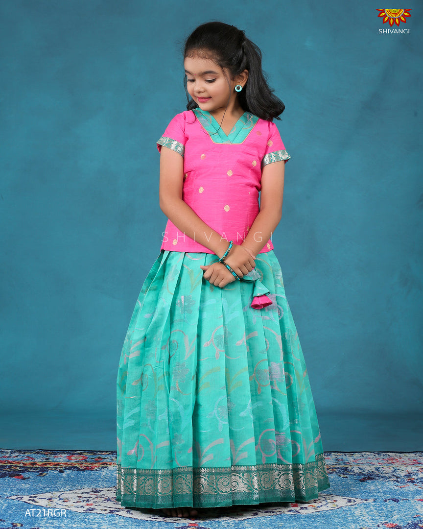Ramar Green Chanderi Floral pattu pavadai For Kids !!!