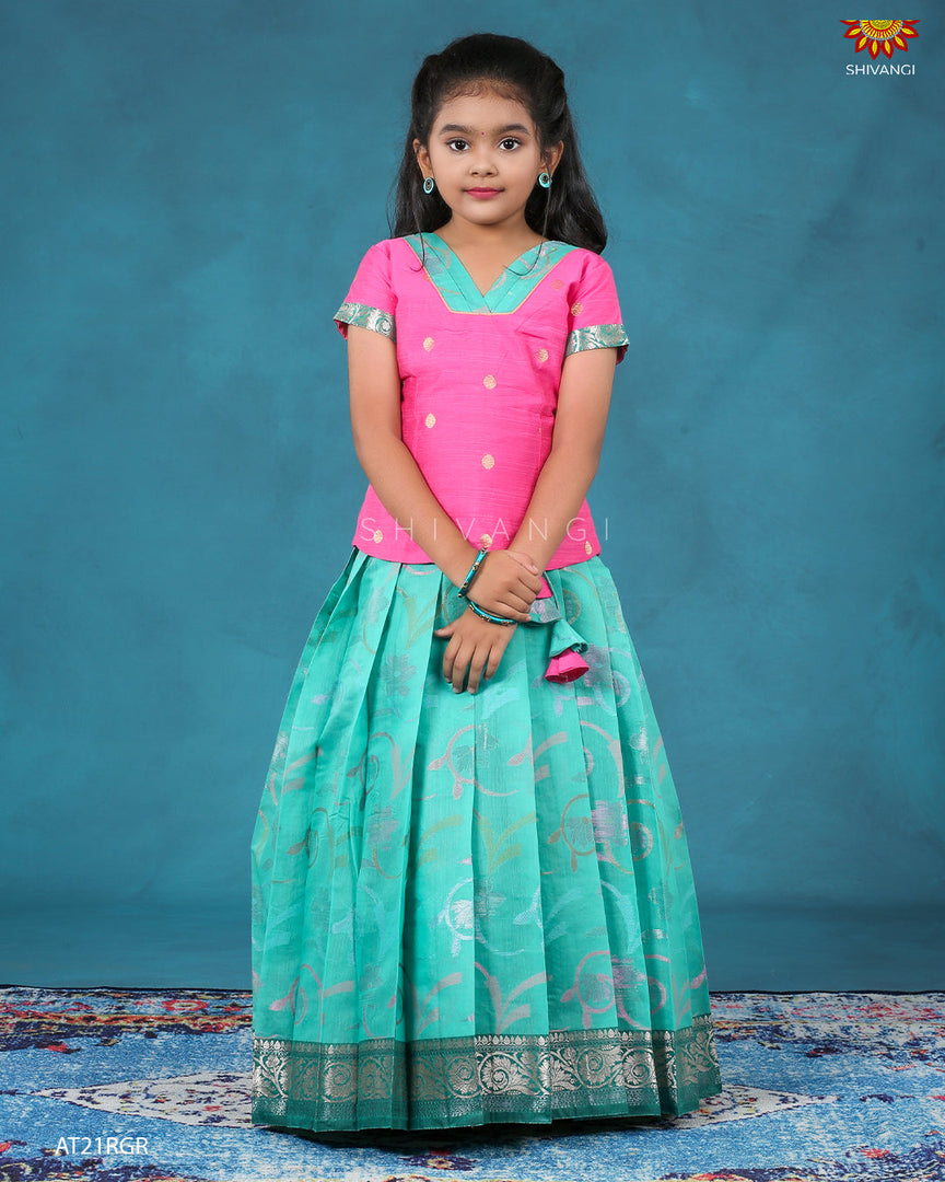 Ramar Green Chanderi Floral pattu pavadai For Kids !!!
