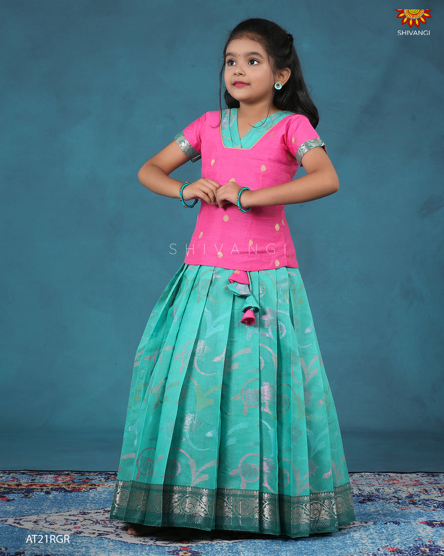Ramar Green Chanderi Floral pattu pavadai For Kids !!!