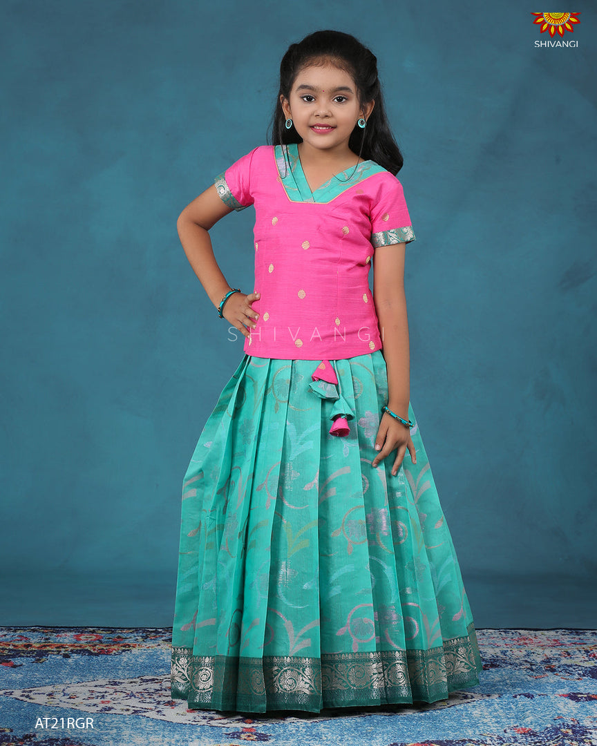 Ramar Green Chanderi Floral pattu pavadai For Kids !!!