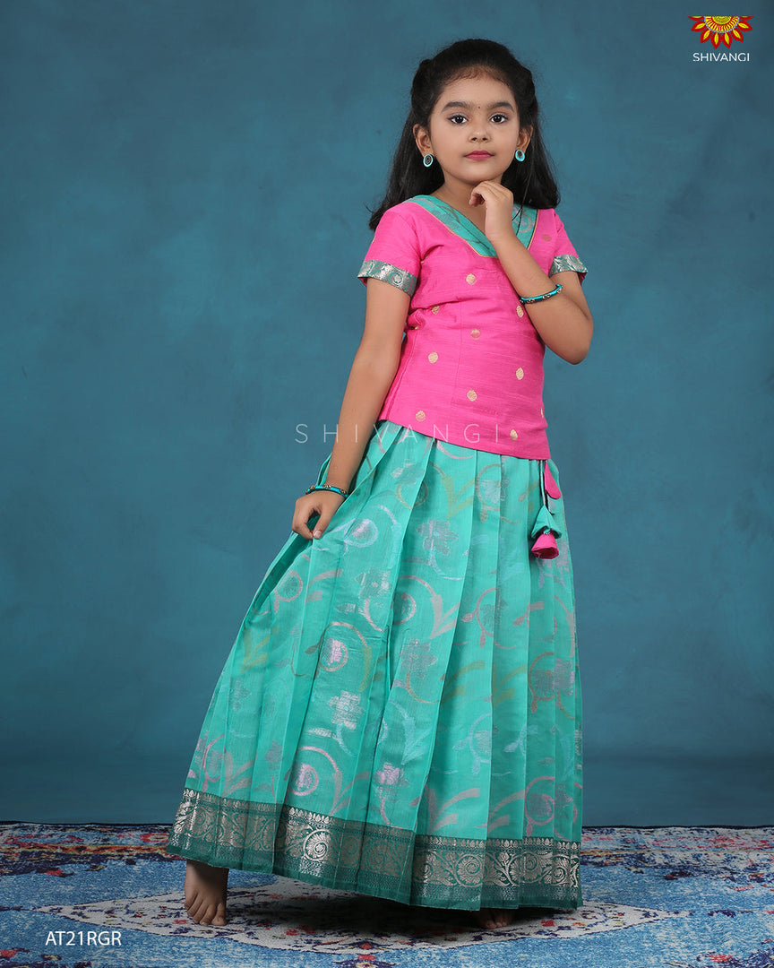 Ramar Green Chanderi Floral pattu pavadai For Kids !!!