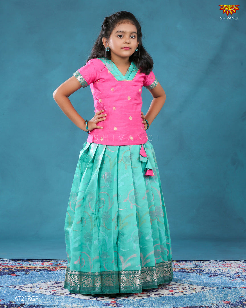 Ramar Green Chanderi Floral pattu pavadai For Kids !!!