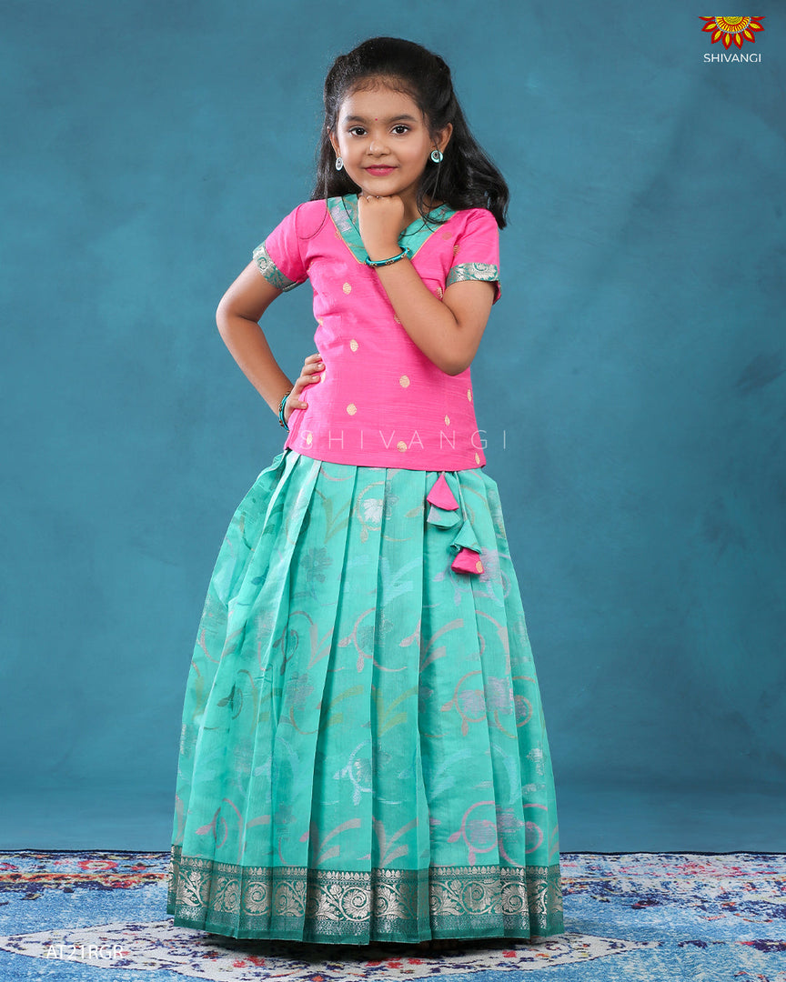 Ramar Green Chanderi Floral pattu pavadai For Kids !!!