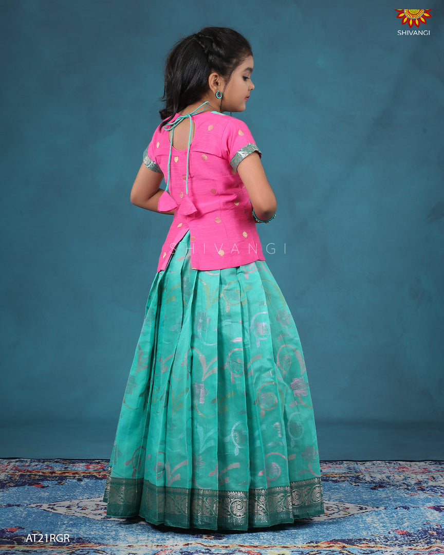 Ramar Green Chanderi Floral pattu pavadai For Kids !!!