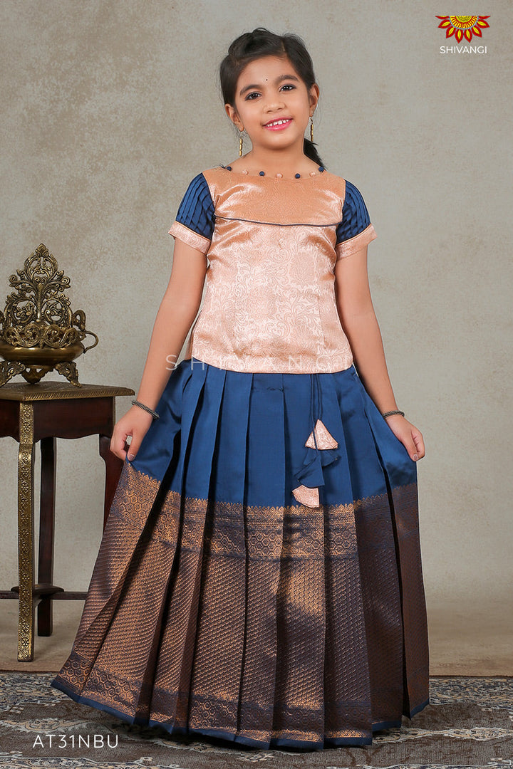 Navy Blue Metalic Honeycomb Pattu Pavadai For Girls !!!