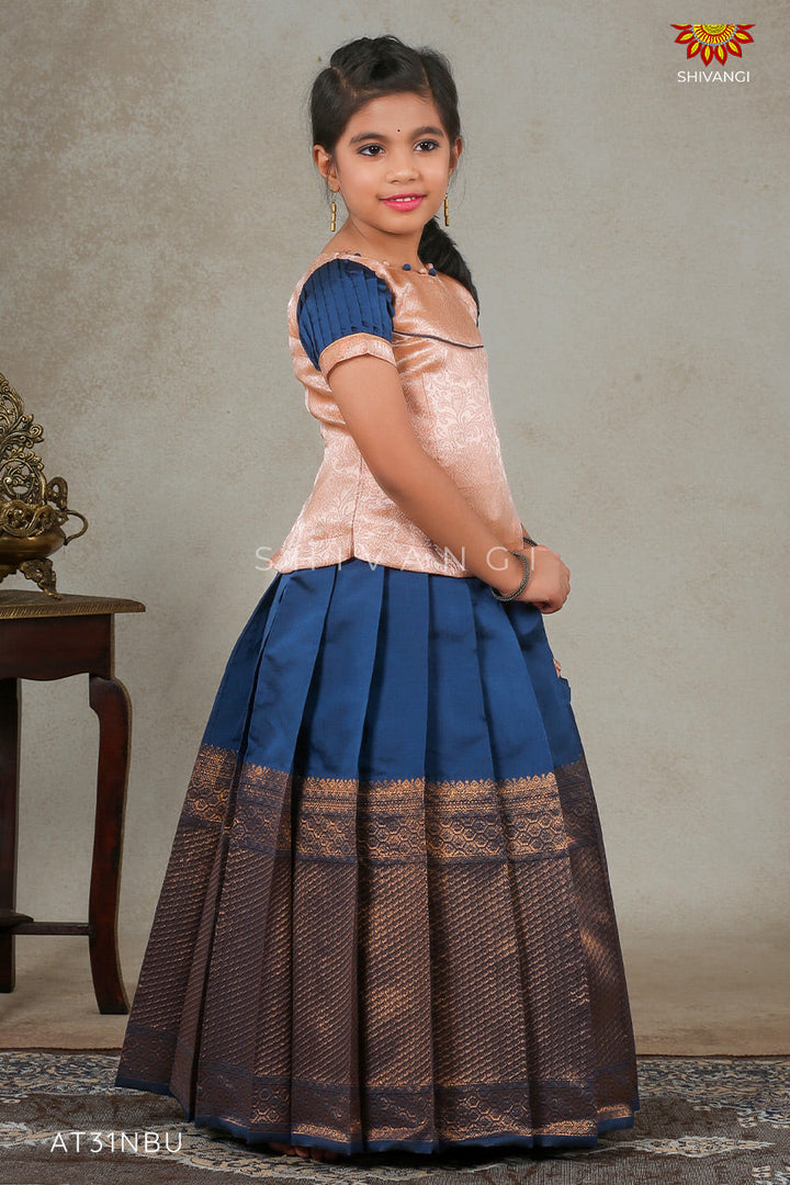 Navy Blue Metalic Honeycomb Pattu Pavadai For Girls !!!