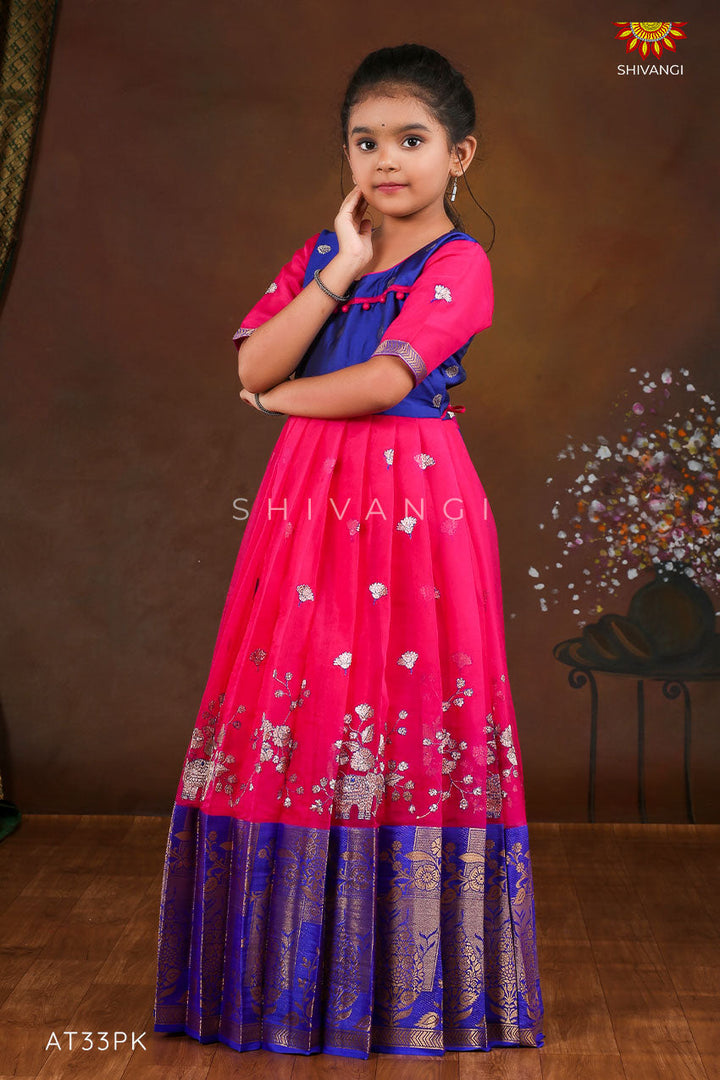 Pink Organza Elephant Border  Long Gown For Girls !!!