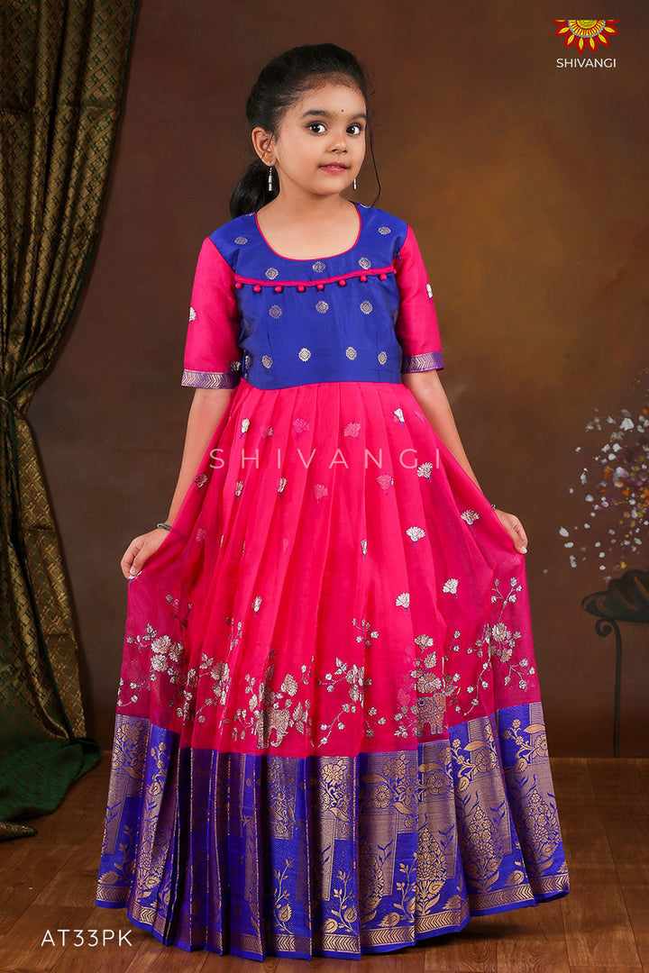 Pink Organza Elephant Border  Long Gown For Girls !!!