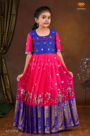 Pink Organza Elephant Border  Long Gown For Girls !!!