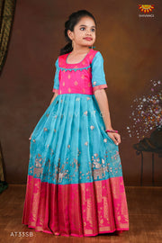 Sky Blue Organza Elephant Border  Long Gown For Girls !!!