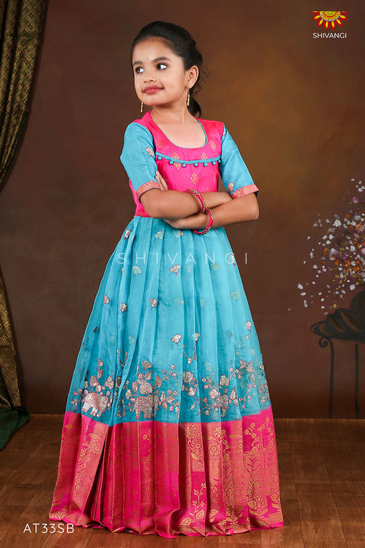 Sky Blue Organza Elephant Border  Long Gown For Girls !!!