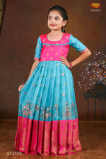 Sky Blue Organza Elephant Border  Long Gown For Girls !!!