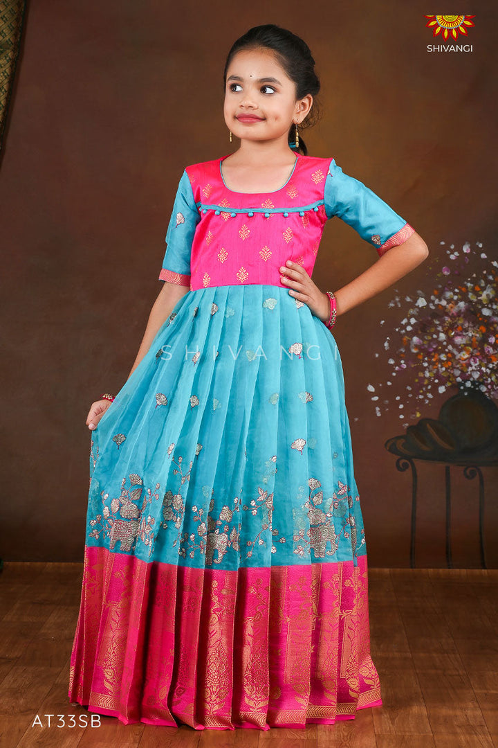 Sky Blue Organza Elephant Border  Long Gown For Girls !!!
