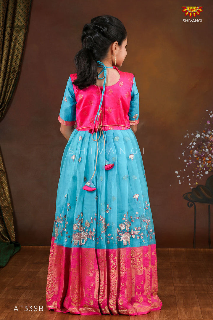 Sky Blue Organza Elephant Border  Long Gown For Girls !!!