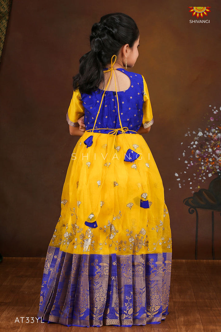 Yellow Organza Elephant Border  Long Gown For Girls !!!
