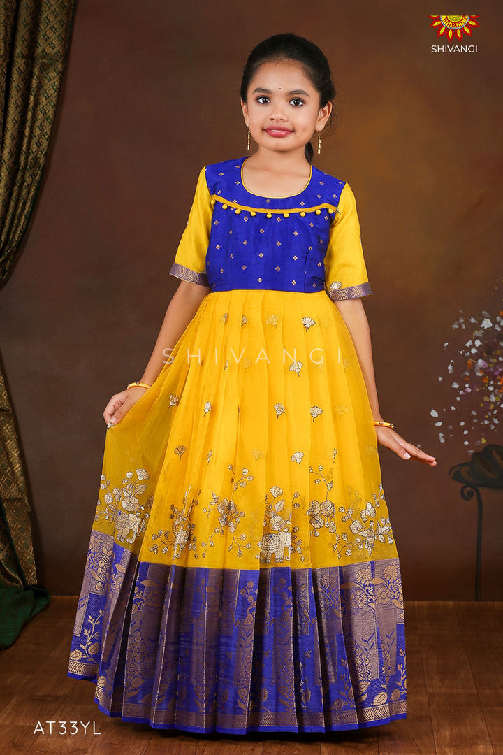 Yellow Organza Elephant Border  Long Gown For Girls !!!