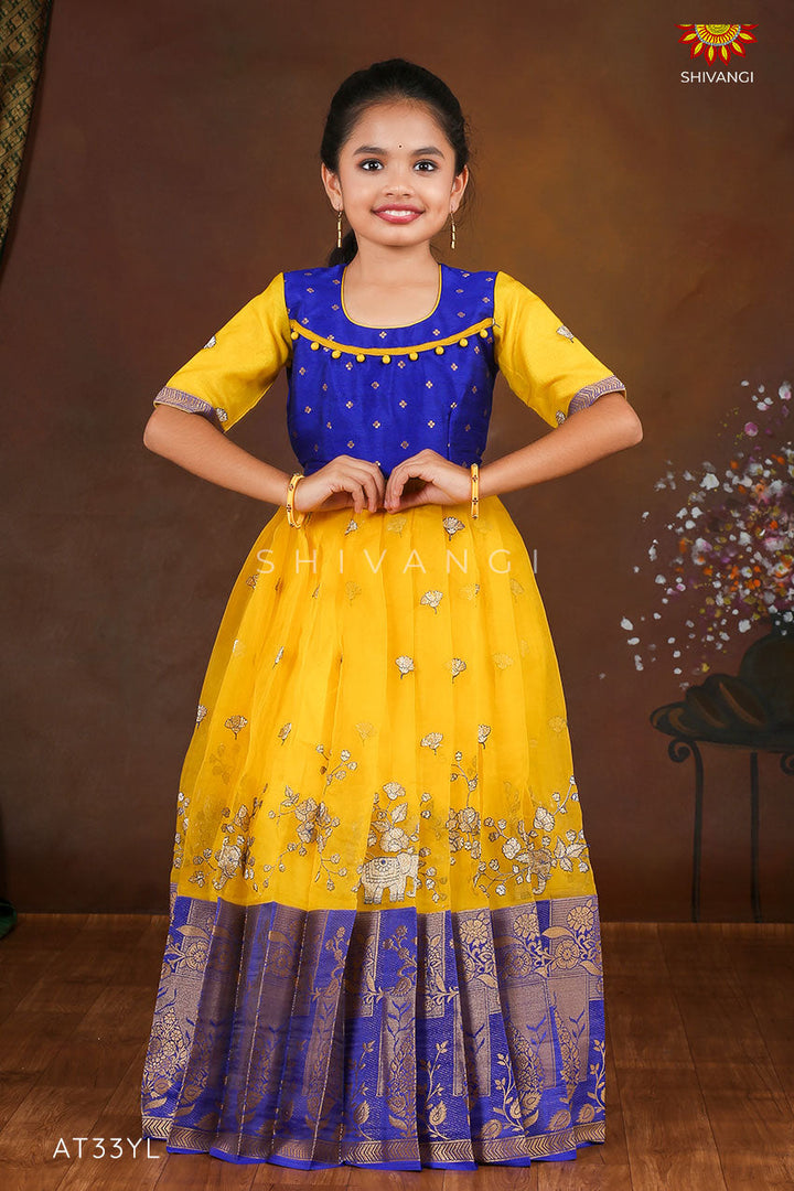 Yellow Organza Elephant Border  Long Gown For Girls !!!