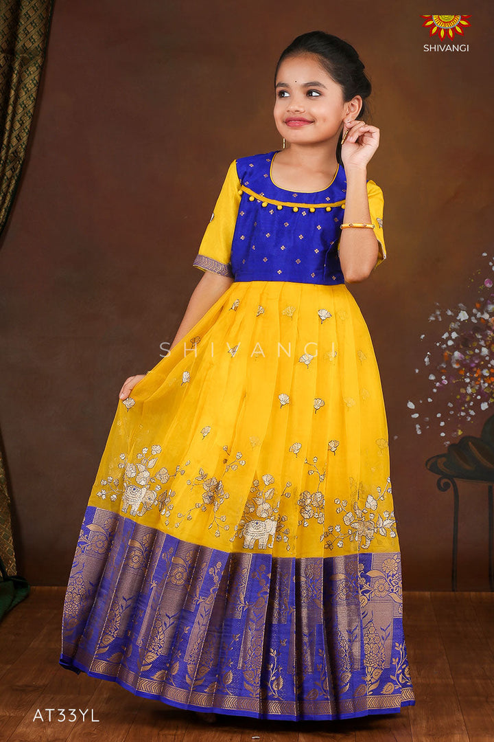 Yellow Organza Elephant Border  Long Gown For Girls !!!