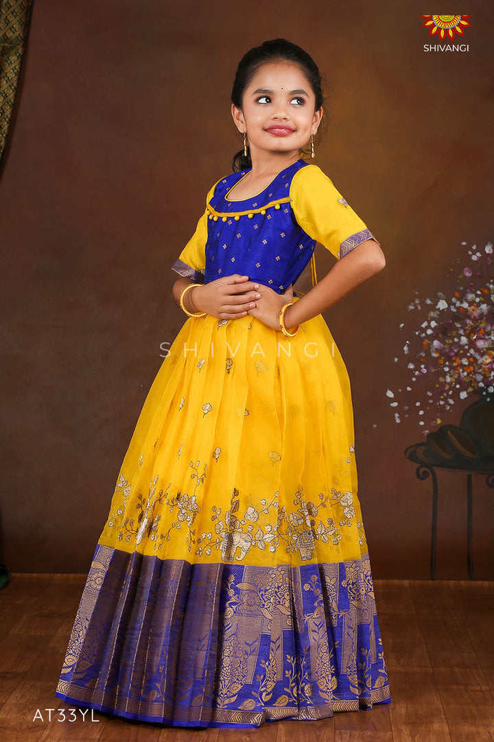 Yellow Organza Elephant Border  Long Gown For Girls !!!