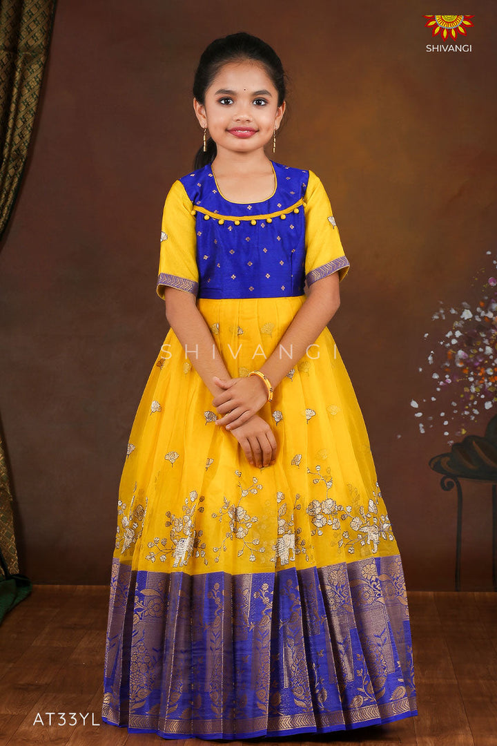 Yellow Organza Elephant Border  Long Gown For Girls !!!