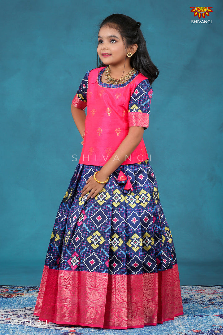 Navy Blue Silk patola Pattu Pavadai For Girls 