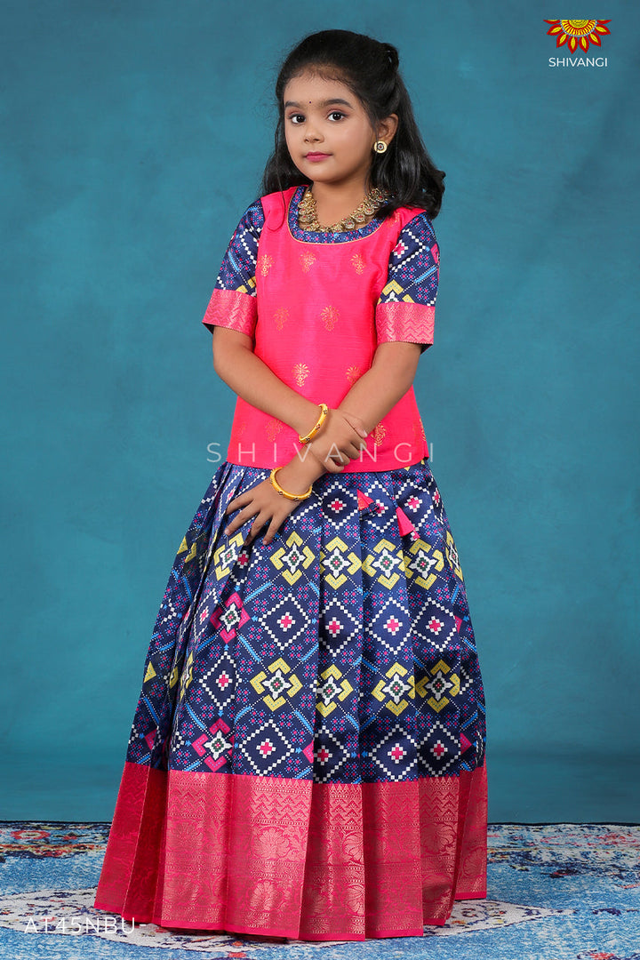 Navy Blue Silk patola Pattu Pavadai For Girls 