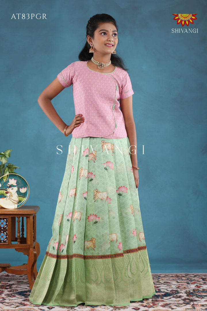 Parrot Green Pichwai Lotus Pattu Pavadai For Girls !!!