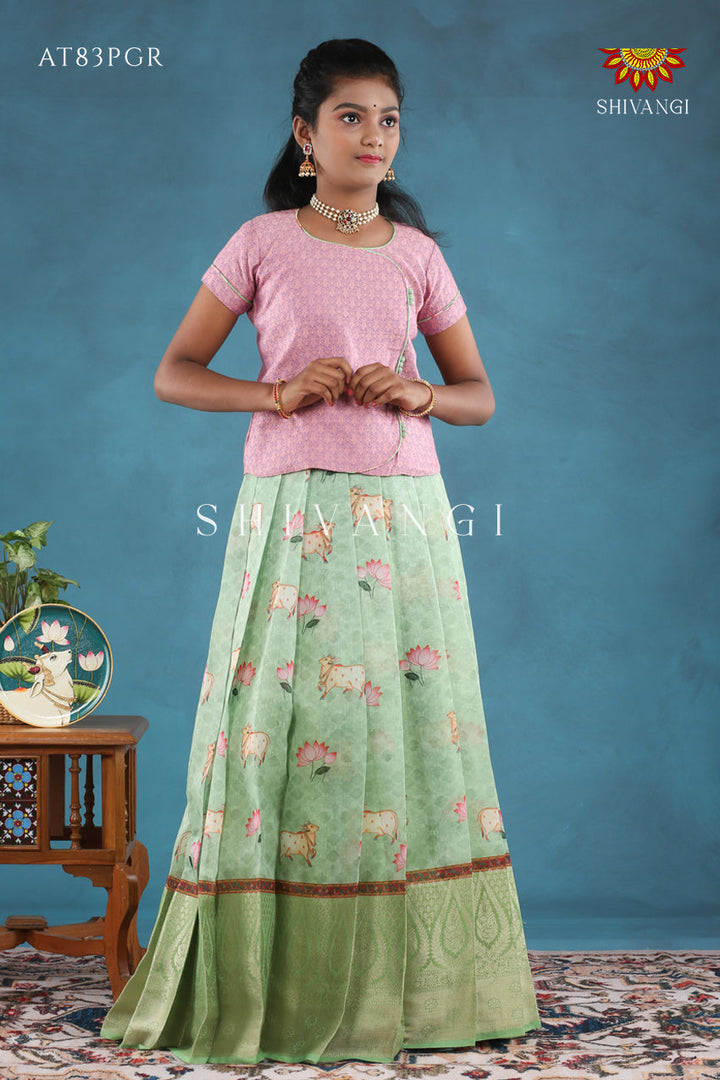 Parrot Green Pichwai Lotus Pattu Pavadai For Girls !!!