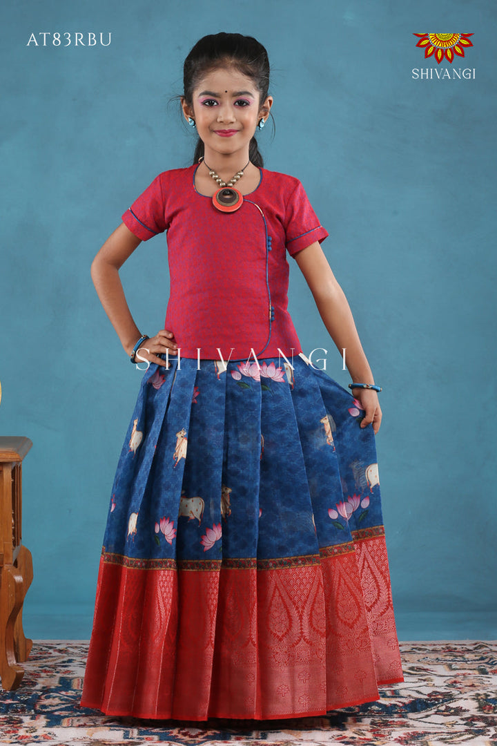 Navy Blue Pichwai Lotus Pattu Pavadai For Girls !!!