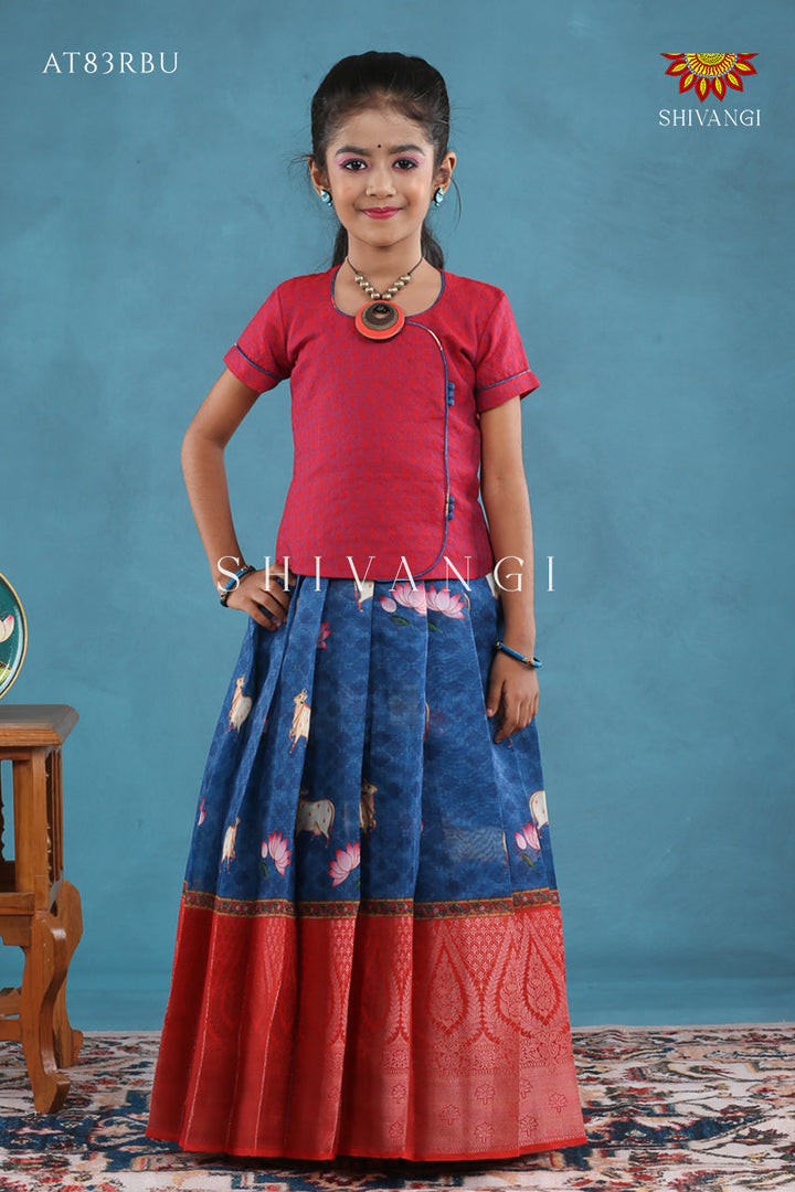 Navy Blue Pichwai Lotus Pattu Pavadai For Girls !!!
