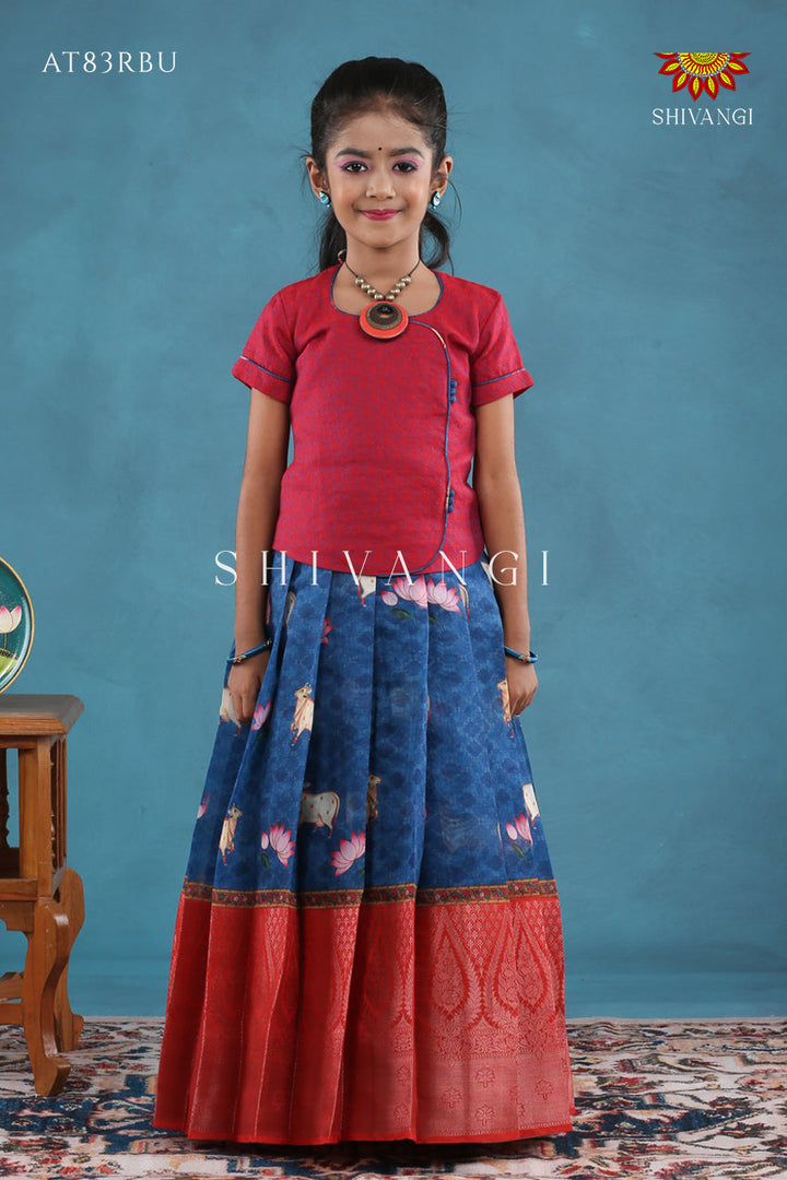 Navy Blue Pichwai Lotus Pattu Pavadai For Girls !!!