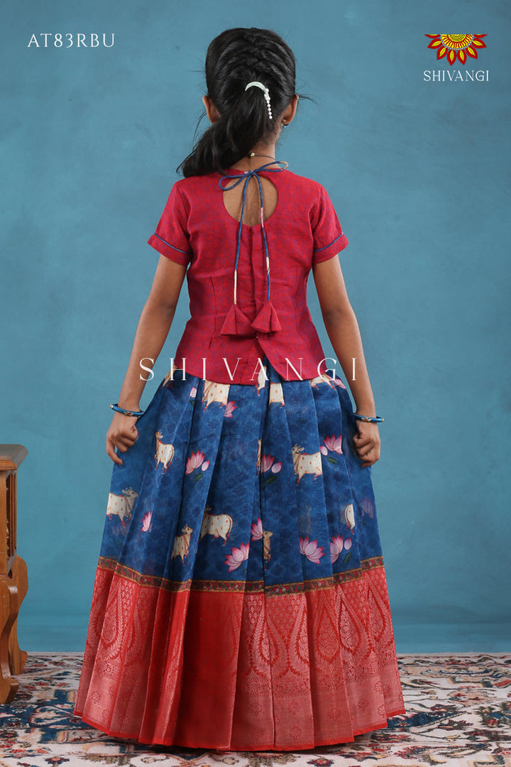 Navy Blue Pichwai Lotus Pattu Pavadai For Girls !!!