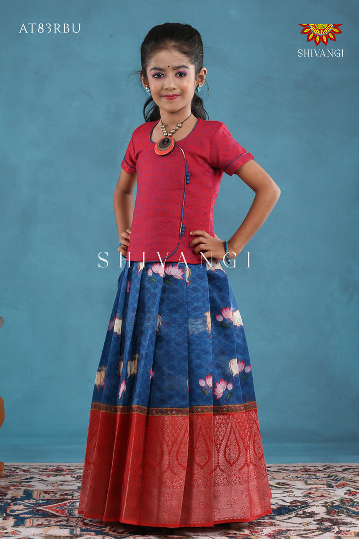 Navy Blue Pichwai Lotus Pattu Pavadai For Girls !!!