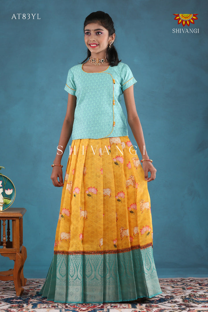Yellow Pichwai Lotus Pattu Pavadai For Girls !!!