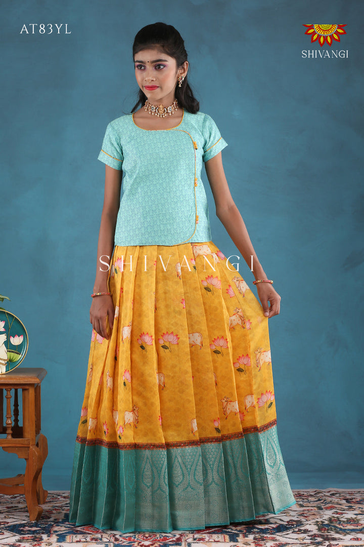 Yellow Pichwai Lotus Pattu Pavadai For Girls !!!