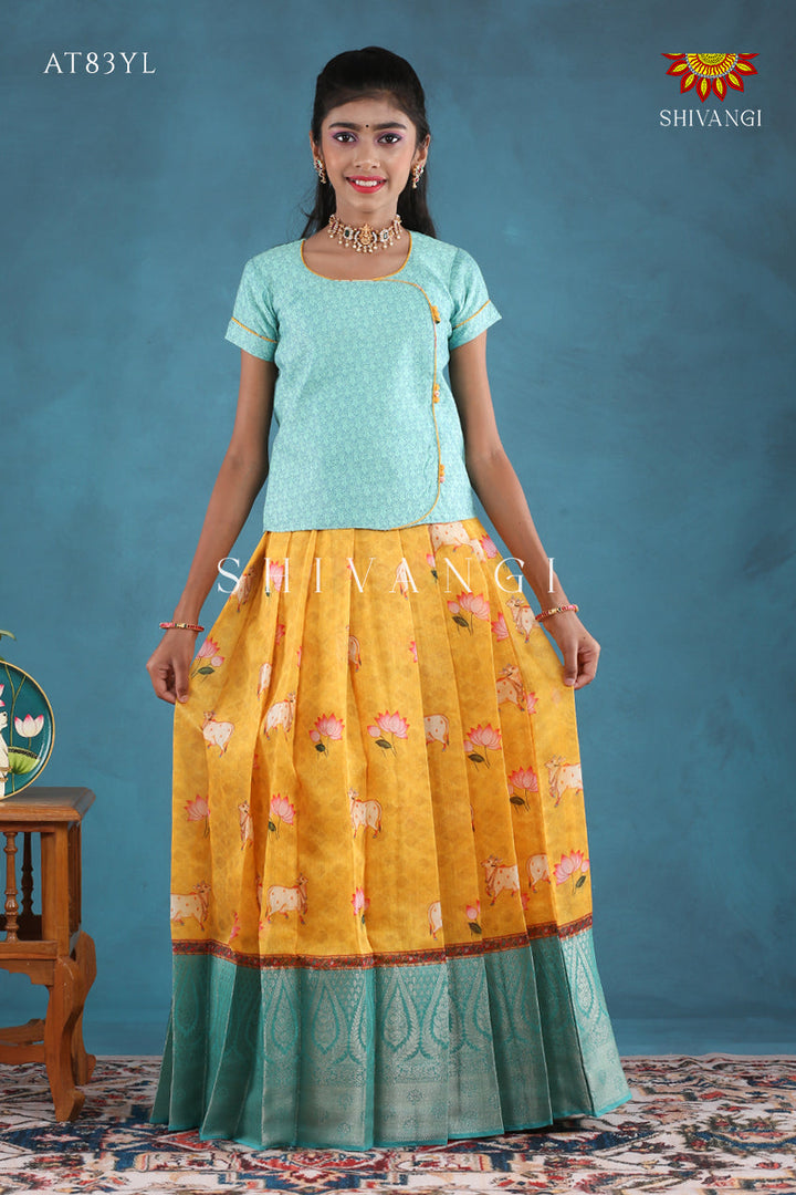 Yellow Pichwai Lotus Pattu Pavadai For Girls !!!