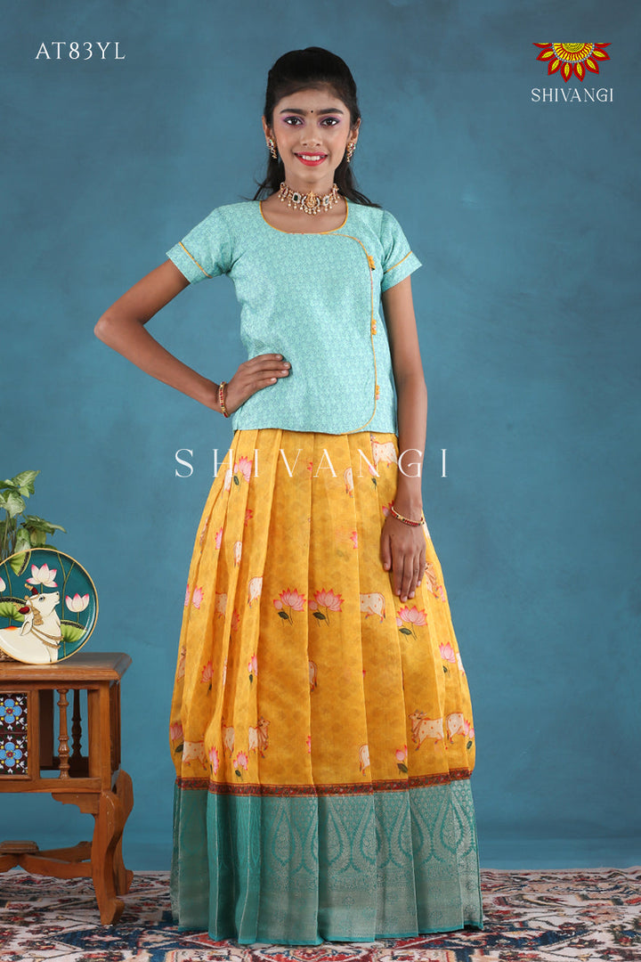 Yellow Pichwai Lotus Pattu Pavadai For Girls !!!