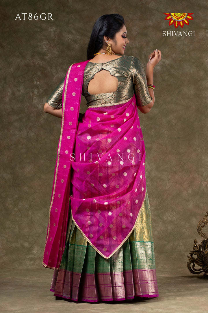 Girls Green Potly Mango Half Saree | Langa Davani