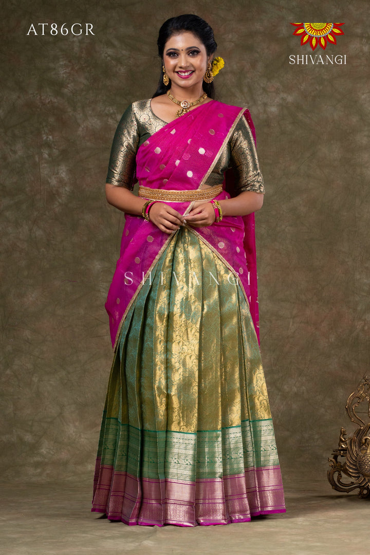 Girls Green Potly Mango Half Saree | Langa Davani